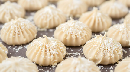 A plate of white pastries with powdered sugar on top