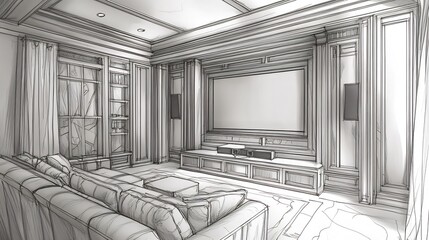 Elegant Home Theater Design Sketch: Luxurious Media Room Architectural Rendering