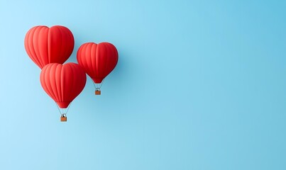 Fototapeta premium Three red heart-shaped hot air balloons ascend against a light blue sky; perfect for Valentine's Day or romantic designs