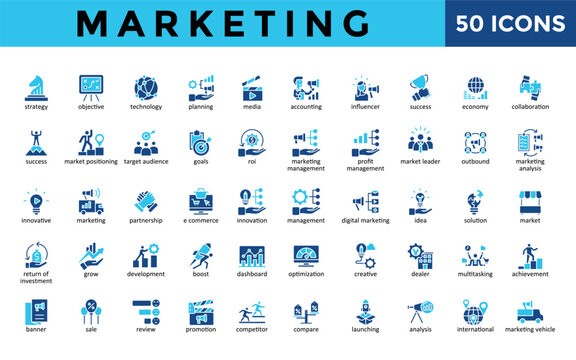 Marketing icons set with strategy, objective, technology, planning, media, accounting, influencer, success, economy, collaboration icon. Simple flat vector 
