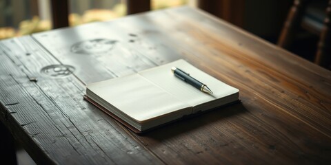 Fototapeta premium A simple blank notebook lays open on a rustic wooden surface, a pen resting near its edge, ready for the next story to be written.