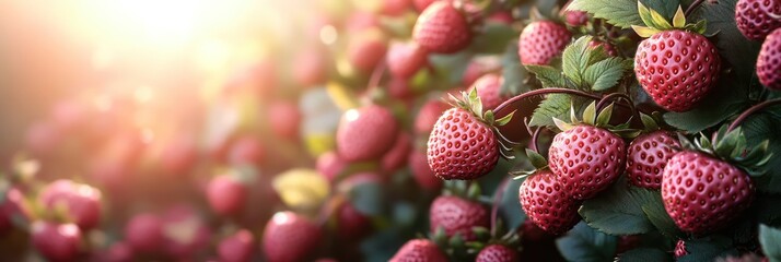 Fototapeta premium Sunlit Strawberry Field: A Bountiful Harvest of Ripe, Red Berries
