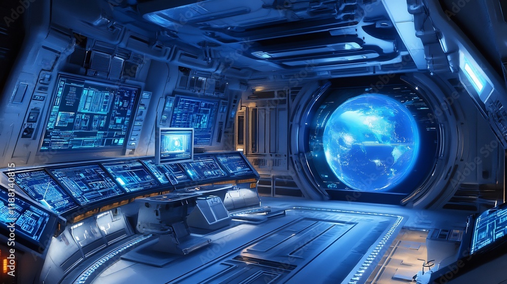 Aufkleber futuristic spaceship bridge command center with earth view: a stunning visual of advanced technology