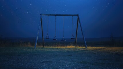 Empty swings under a starry night sky with a calm atmosphere