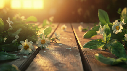 Chamomile flowers and green leaves of healing herbs lie on a rustic wooden surface, soft sunlight and blurred natural background.