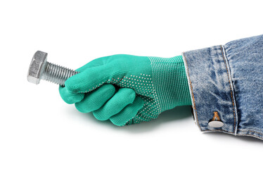 Worker's hand holding large bolt on white background