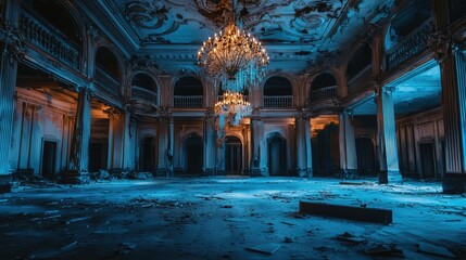 Fototapeta premium Abandoned Grand Ballroom with Elegant Chandelier and Debris