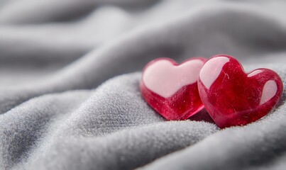 Fototapeta premium Two red glass hearts on grey fabric, romantic Valentine's Day background, love concept