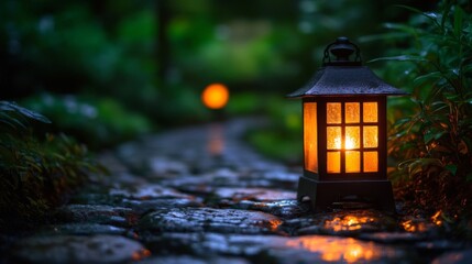 Naklejka premium Illuminated Lantern On A Stone Path In A Garden