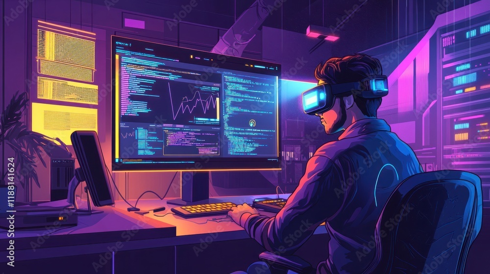 Poster programmer wearing vr headset codes in dark room.