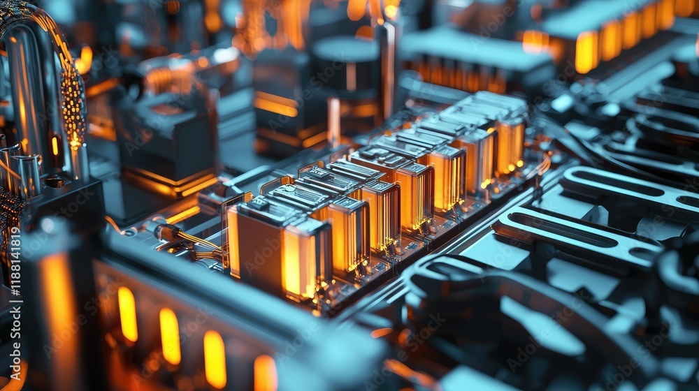 Poster futuristic circuit board with illuminated components and textures
