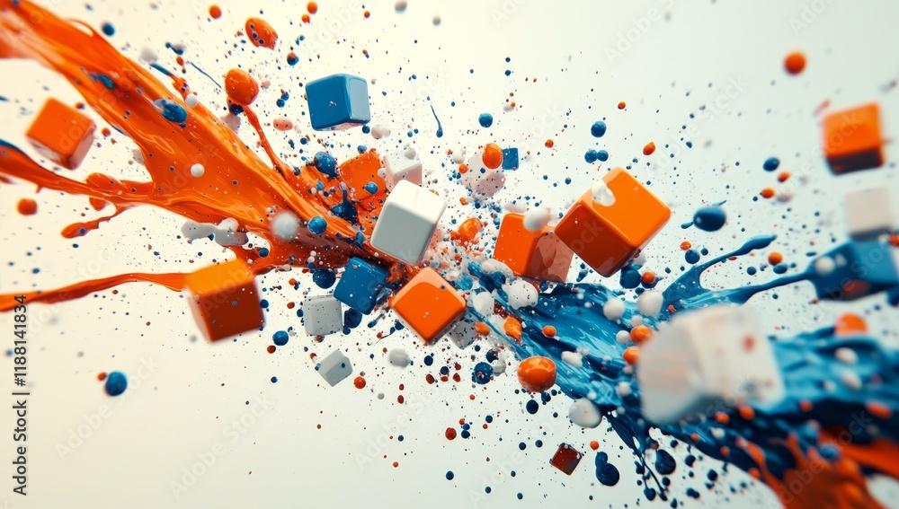 Poster abstract 3d render of colliding orange and blue paint splashes with cubes.