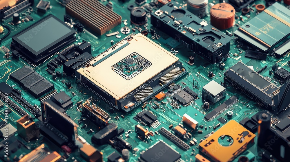 Poster close-up view of complex circuit board components and connections