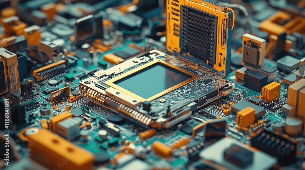 Poster close-up view of complex circuit board with electronic components