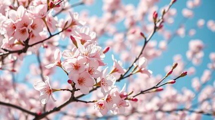 Obraz premium Delicate pink cherry blossoms in full bloom on tree branches with a vibrant blue sky background, symbolizing the beauty and renewal of spring