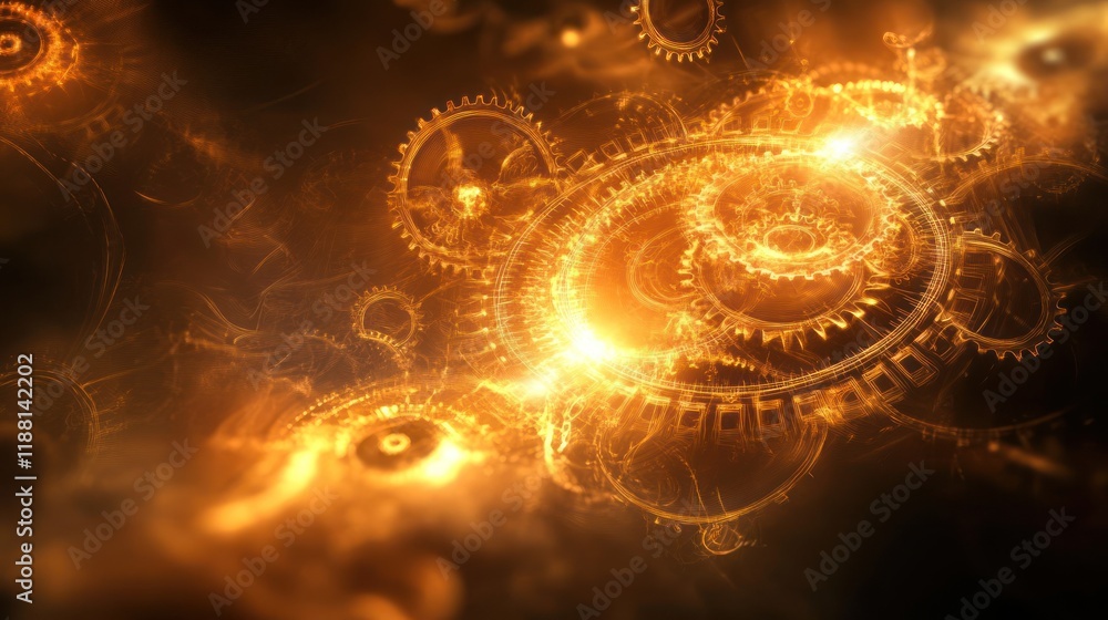 Poster glowing golden gears and cogs intricate mechanism.