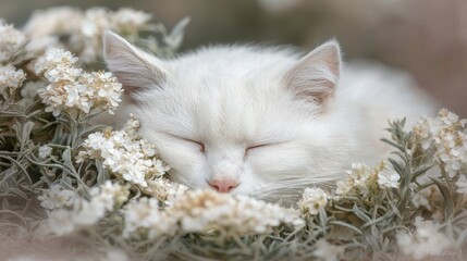 Tender white cat resting among delicate flowers in serene nature landscape close-up capturing softness and tranquility