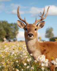 Obraz premium Deer grazing in a flower-filled meadow tranquil forest wildlife nature bright day close-up view