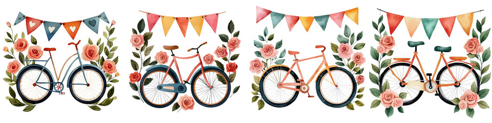 Fototapeta premium Elegant Tandem Bicycle Surrounded by Blooming Roses in a Vibrant Garden Setting with a Festive Atmosphere