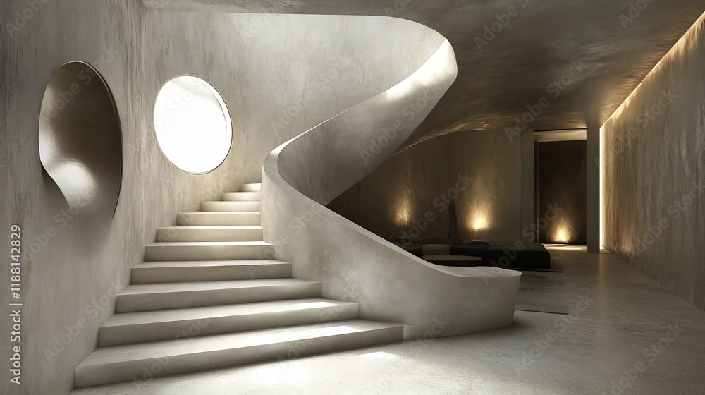 Poster modern minimalist architecture interior design: elegant concrete staircase with circular windows and