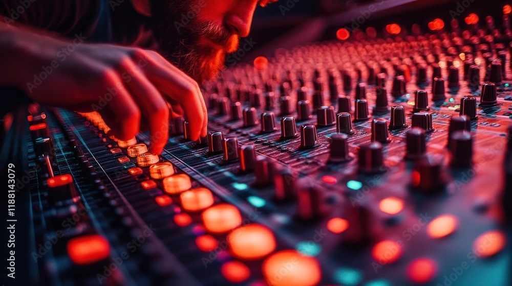 Poster close-up of hands adjusting audio mixer controls in a recording studio.