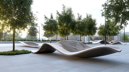 Modern Wave-Shaped Bench Design in Urban Park Setting: Innovative Public Seating