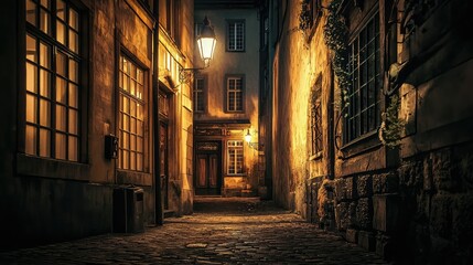 Fototapeta premium Quiet Night in a Historic Cobblestone Alleyway with Warm Lights