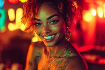 Fototapeta premium Commercial advertising idea. Short haircut - highlighted hair. Pretty smiling mixed-race girl - for ads, media and web marketing use. Colored concept look. Black woman photography.
