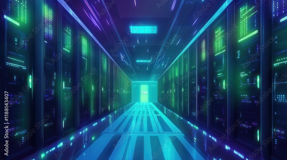 Poster futuristic server room corridor with glowing data streams.