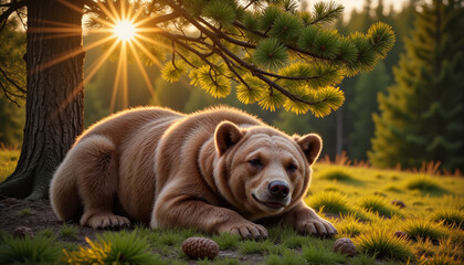 Grizzly bear resting peacefully under pine tree at sunset, showcasing golden forest hues and evening light