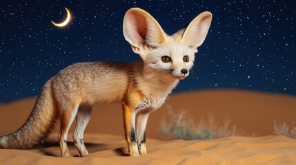 Obraz premium Fennec Fox Portrait Under Starry Sky in Desert Landscape