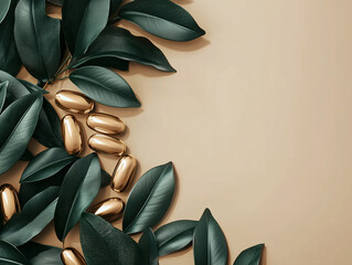 Golden capsules arranged with lush green leaves on a beige background, representing natural health supplements and organic wellness. 