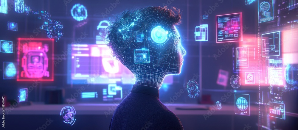 Poster person surrounded by digital data streams and interfaces.