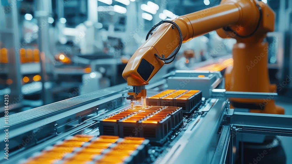 Poster industrial robot arm placing items on automated production line
