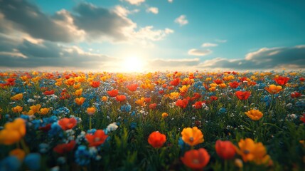 Vibrant Sunset over a Field of Colorful Flowers