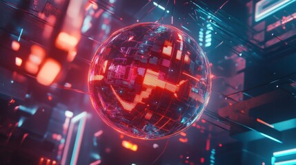 Red and blue glowing sphere in futuristic digital space.