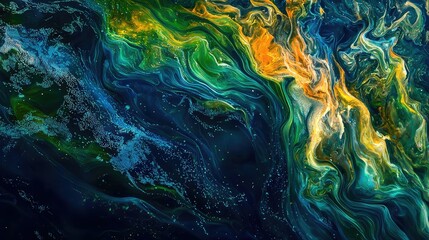 Abstract Colorful Swirl of Blue Green Orange and Yellow Paint Patterns