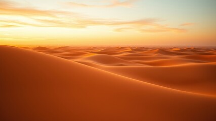 The vast and undulating desert landscape bathed in the warm glow of the setting sun