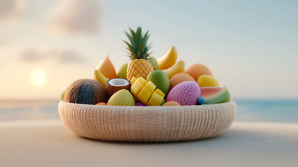 3D rendering of basket filled with tropical fruits like pineapple, coconut, and mango, set against serene beach background. vibrant colors evoke sense of freshness and relaxation