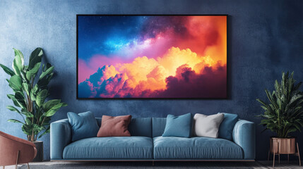 Fiery Sky Canvas: A stunning abstract artwork depicting a vibrant and dramatic sky with swirling clouds in fiery hues of red, orange, and blue, displayed on a wall in a modern living room setting.  