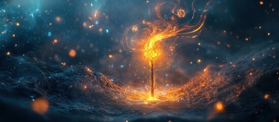 Magical fiery matchstick on a snowy landscape.