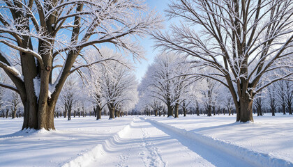 Obraz premium Peaceful winter park pathway lined with snow-covered trees under soft light creating a calm scene