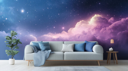 Cosmic Dreamscapes: A cozy living room interior is transformed into a serene celestial vista, with a captivating mural depicting swirling clouds and shimmering stars.
