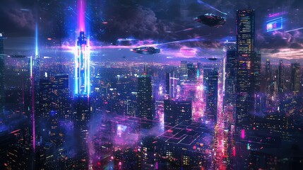 Obraz premium Futuristic Cityscape with Neon Lights and Flying Vehicles at Night