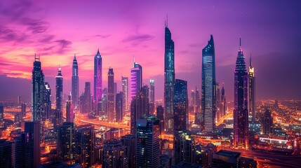 Obraz premium Vibrant City Skyline at Dusk with Colorful Lights and Skyscrapers