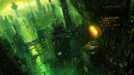 Futuristic Cityscape with Neon Green Lights and High Rise Buildings