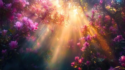 Obraz premium Sunbeams illuminate pink azalea blossoms in a mystical forest.