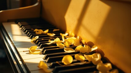 Sunlight streams through a window onto a piano, illuminating the keys and scattering yellow petals across the black and white surface.