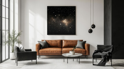 Cosmic Canvas in Modern Living Room: A stunning, large-scale print of a nebula, rich in cosmic dust and star formations, hangs above a brown leather sofa in a contemporary living room setting.