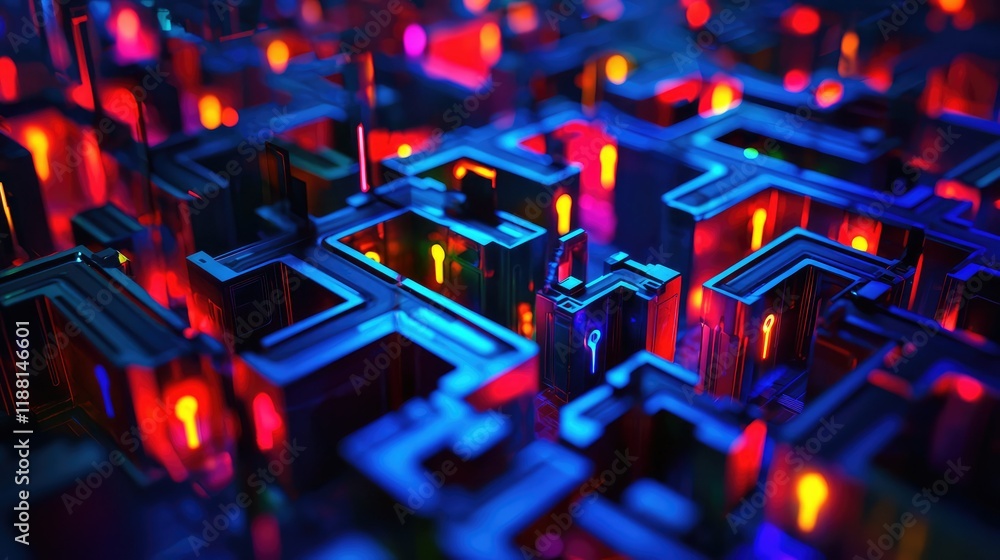Poster colorful neon circuit board design with glowing lights and patterns
